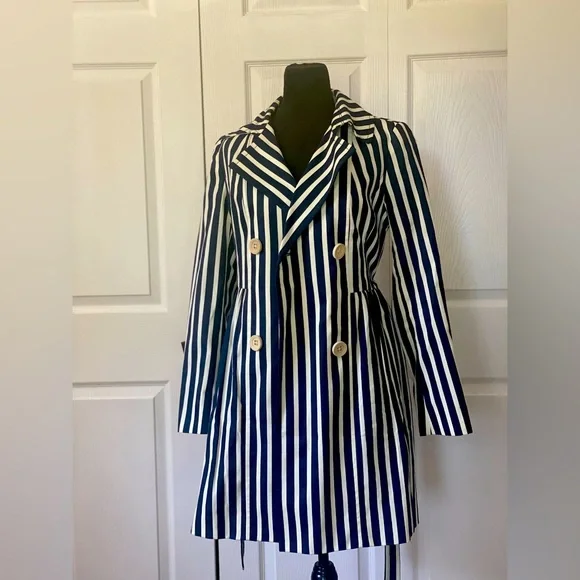 Express Blue White Striped
Belted Trench Coat - Picture 1 of 4